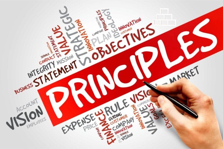 Person's hand with a pen on white paper with principles written on it