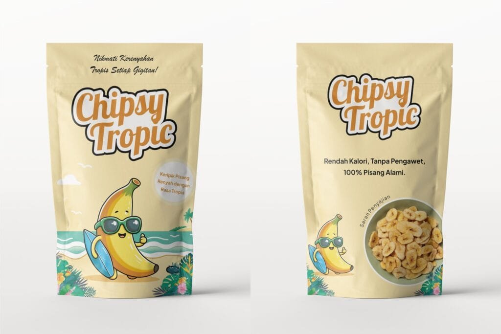 Packaging and stationery design for Chipsy Tropic by branding agency for small business