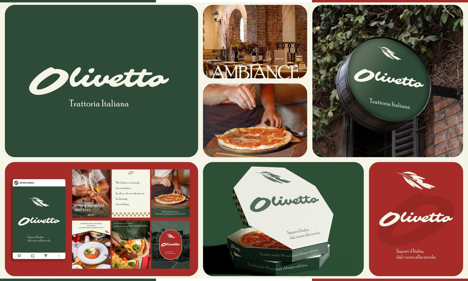 Premium small business branding for Italian restaurant Olivetto by Koalart Creative featuring logo, menu design, and packaging.