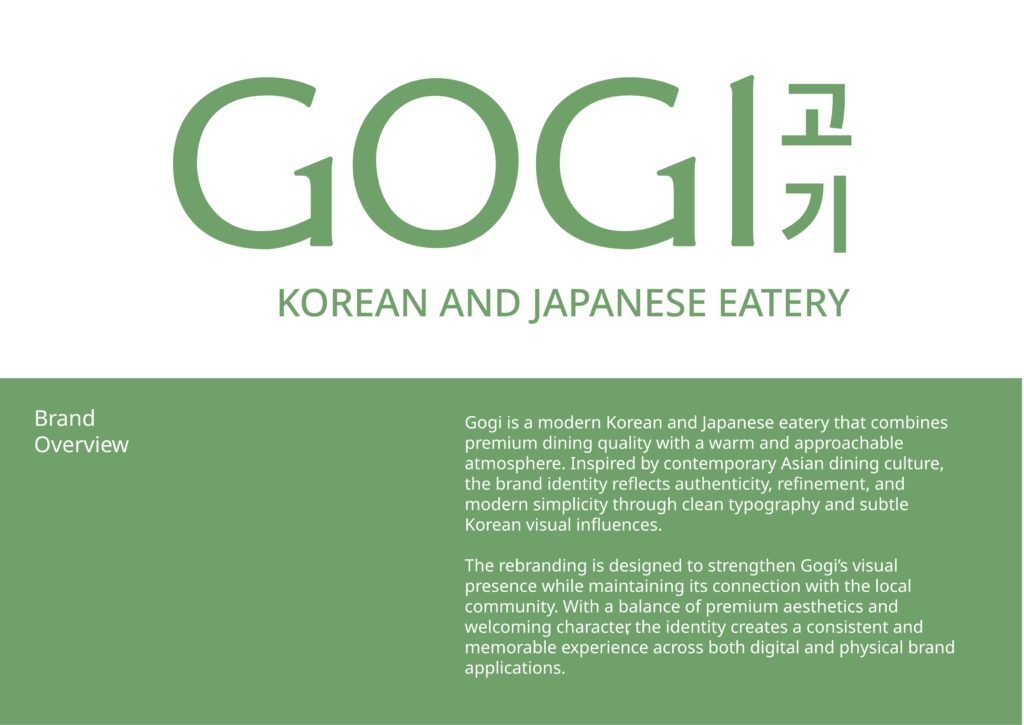 Modern Korean restaurant branding with clean logo design, visual identity, and minimal menu design.