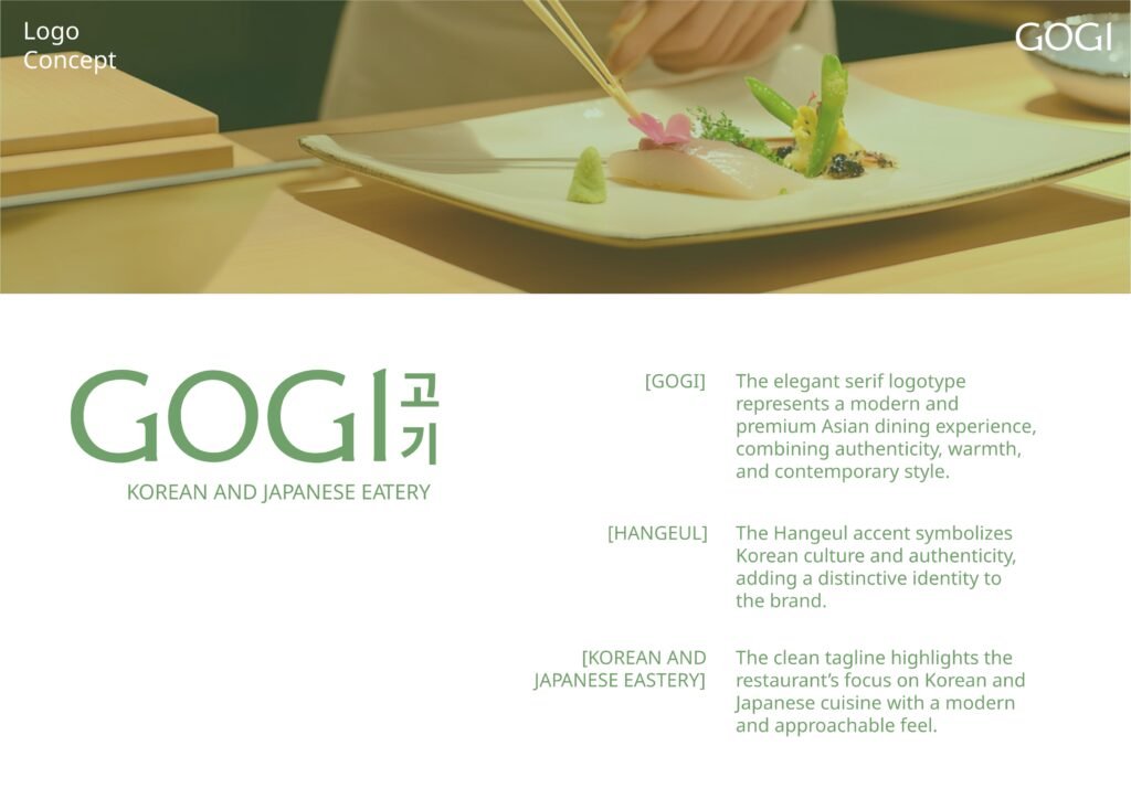 Modern Korean restaurant branding with clean logo design, visual identity, and minimal menu design.