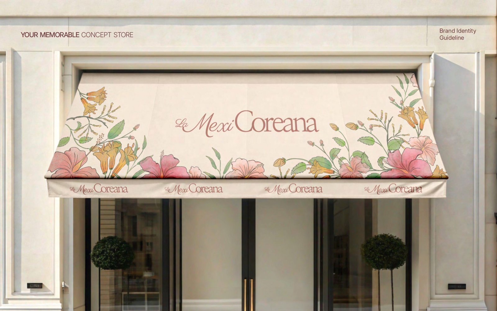 La MexiCoreana retail brand identity with floral logo and packaging design