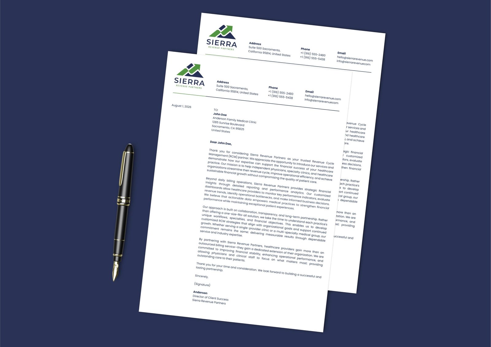 Sierra Revenue Partners healthcare RCM logo and brand identity with mountain and arrow design