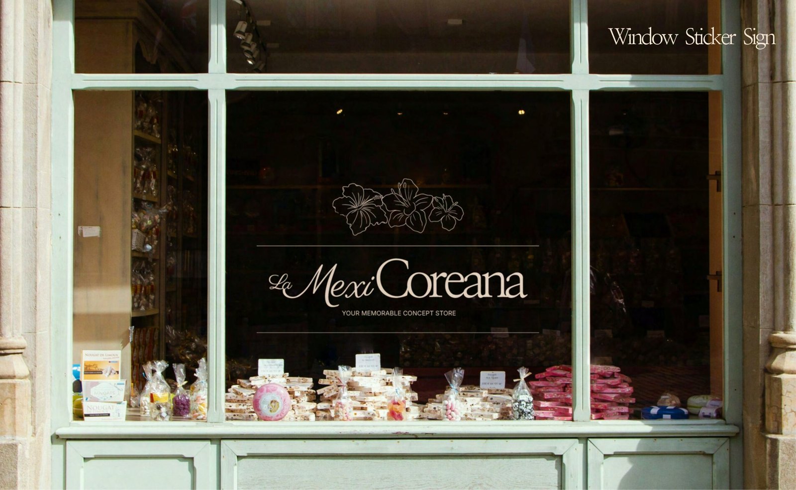 La MexiCoreana retail brand identity with floral logo and packaging design
