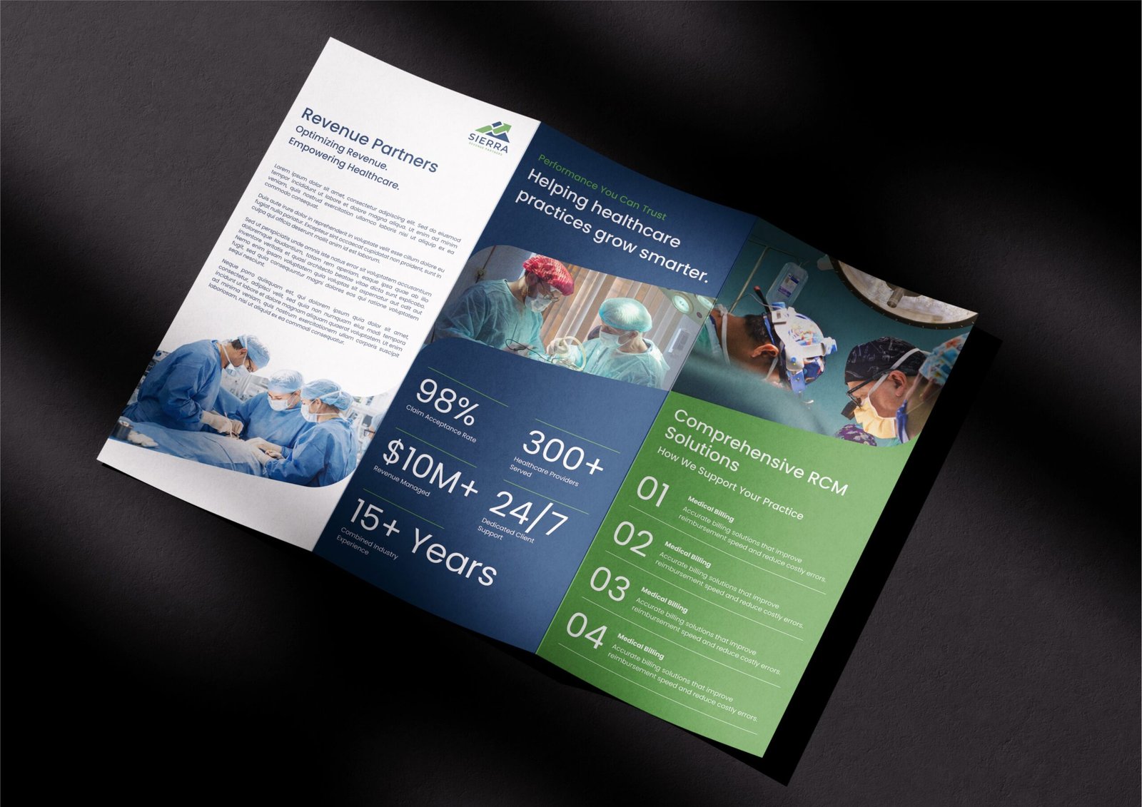 Sierra Revenue Partners healthcare RCM logo and brand identity with mountain and arrow design