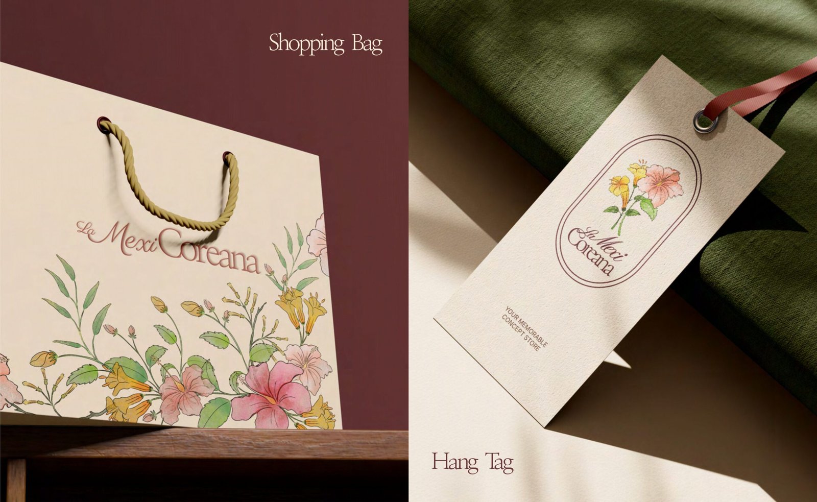 La MexiCoreana retail brand identity with floral logo and packaging design