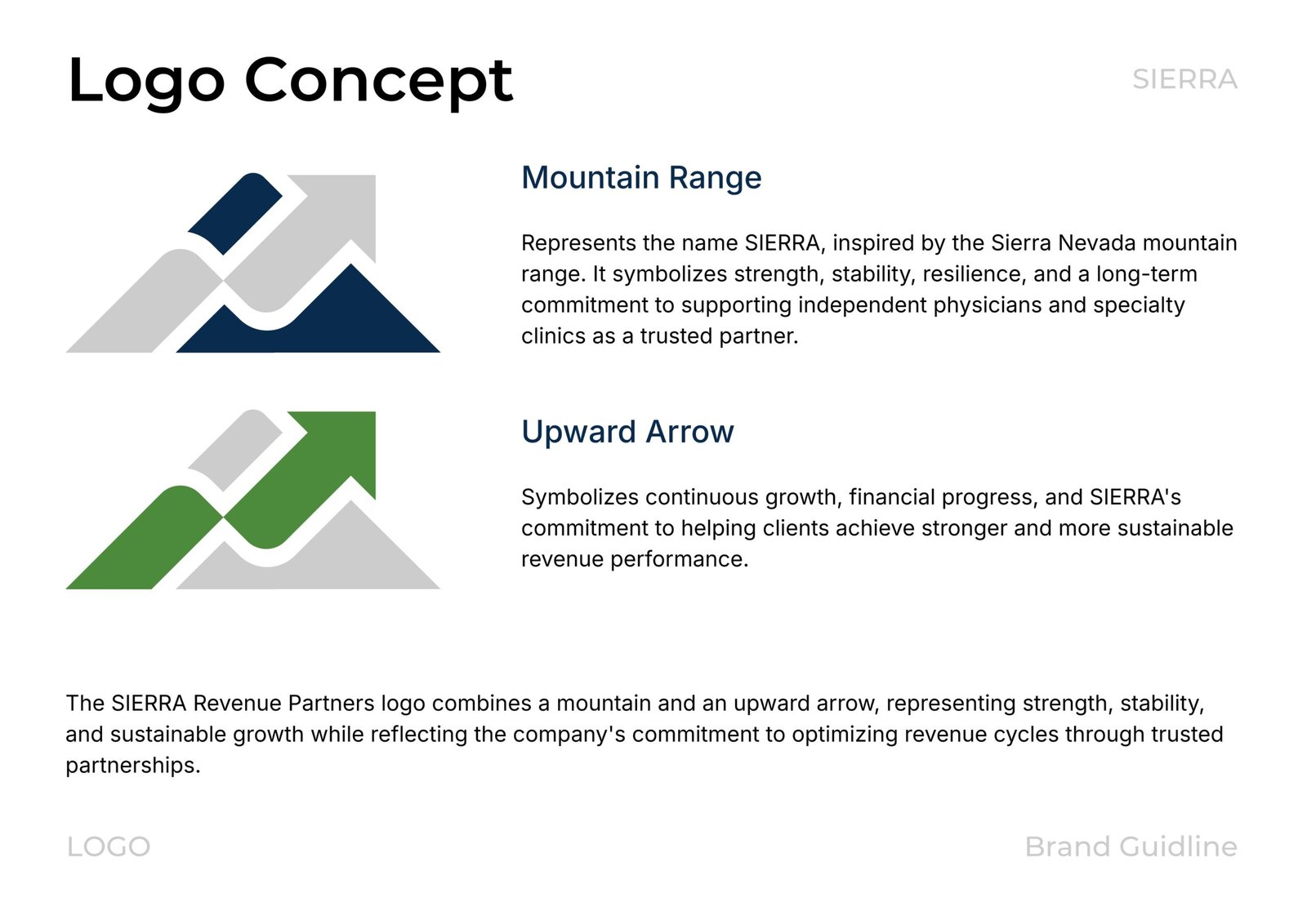 Sierra Revenue Partners healthcare RCM logo and brand identity with mountain and arrow design