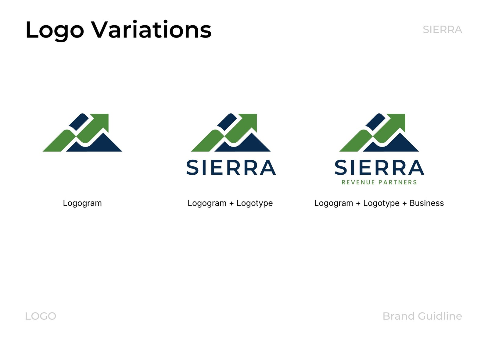 Sierra Revenue Partners healthcare RCM logo and brand identity with mountain and arrow design