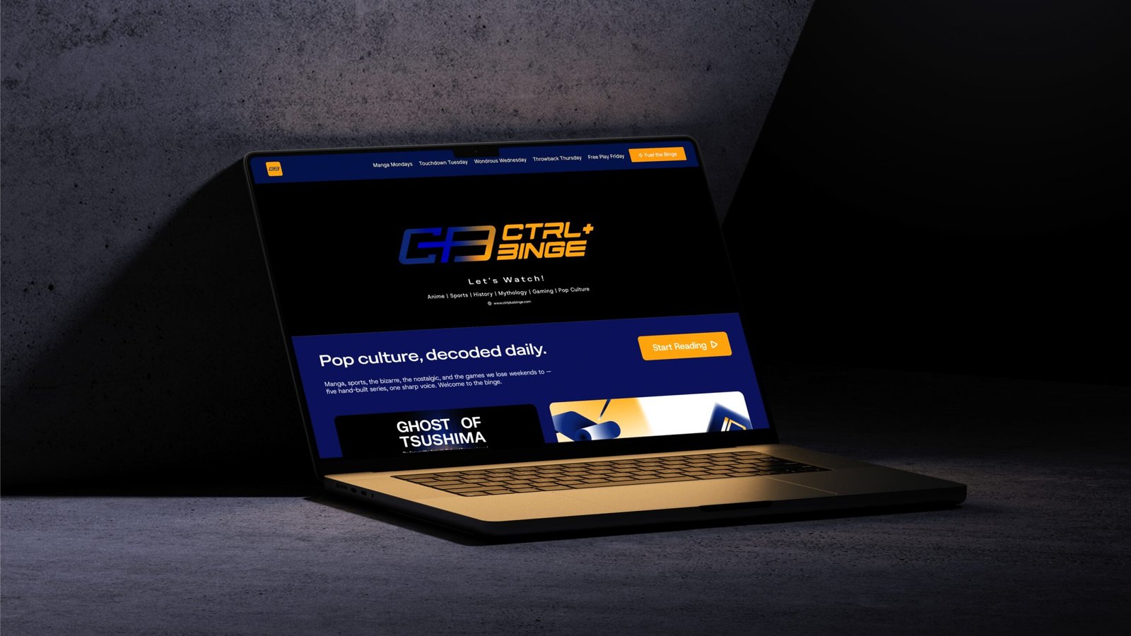 Ctrl+Binge entertainment brand identity with screen-inspired logo and bold typography.